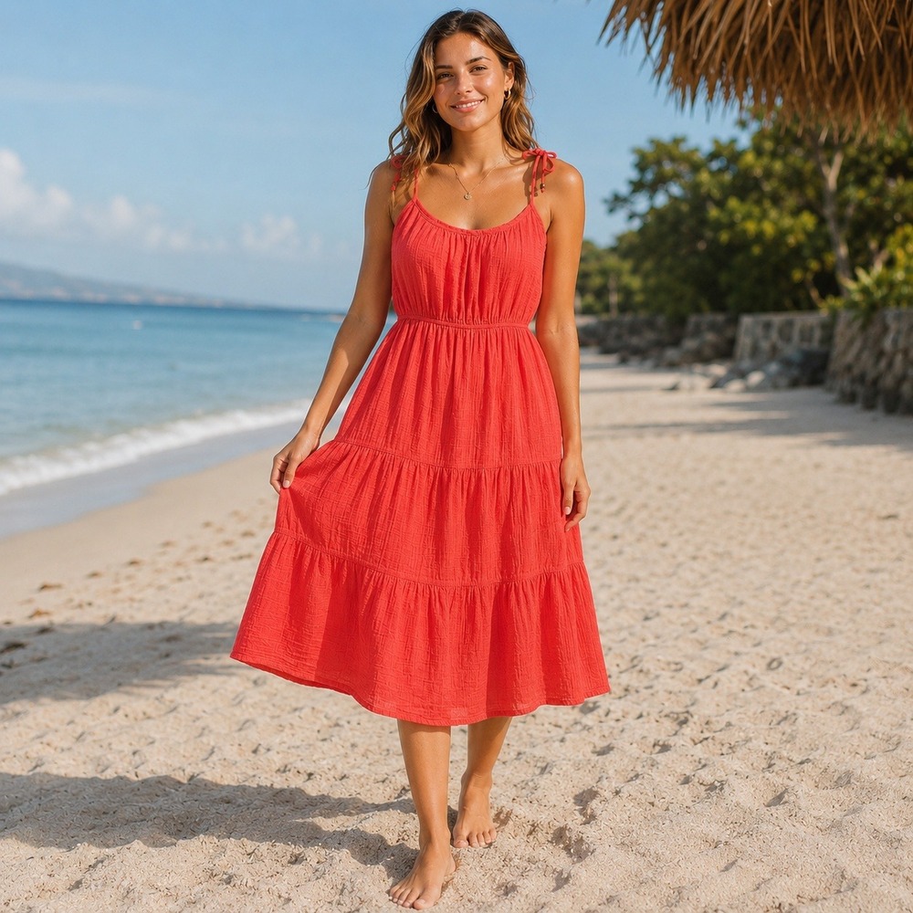 Lucky Brand Coral Cotton Gauze Tiered Midi‎ Dress Tie Strap Small